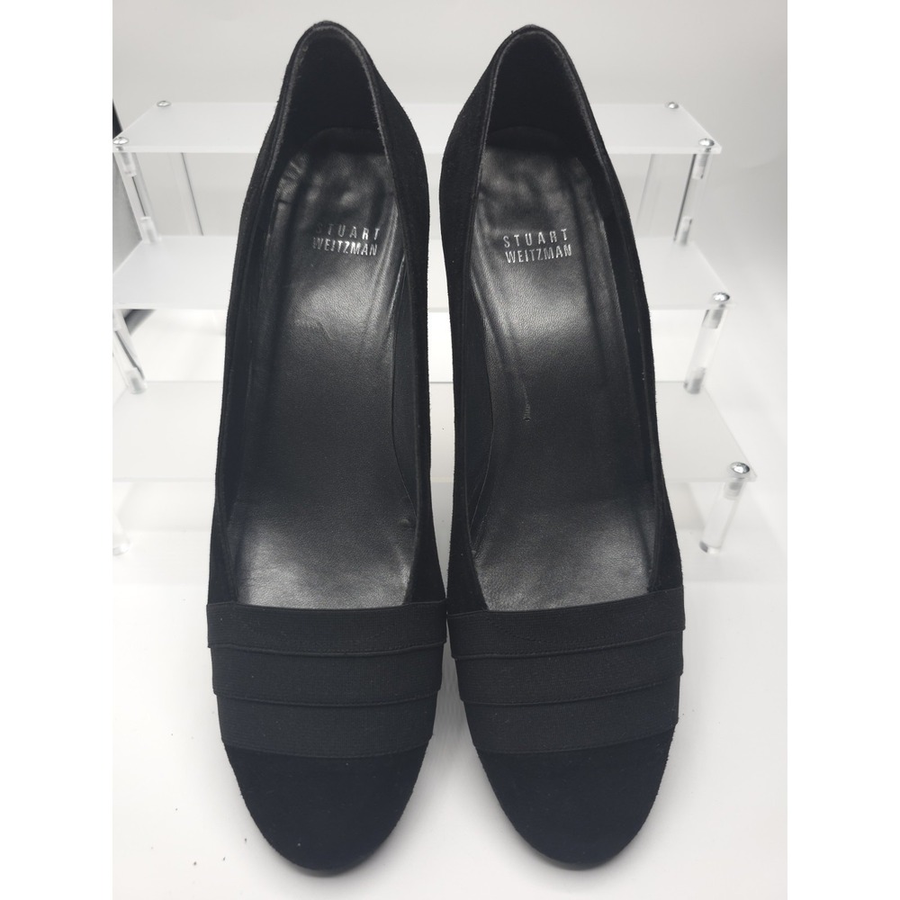 Stuart Weitzman black suede Choked Up wedge pumps  subtle pleated  across Size 9